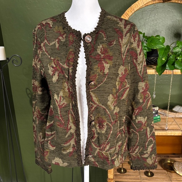 VTG Forest Green Burgundy Tapestry Textured Coat - Picture 2 of 5